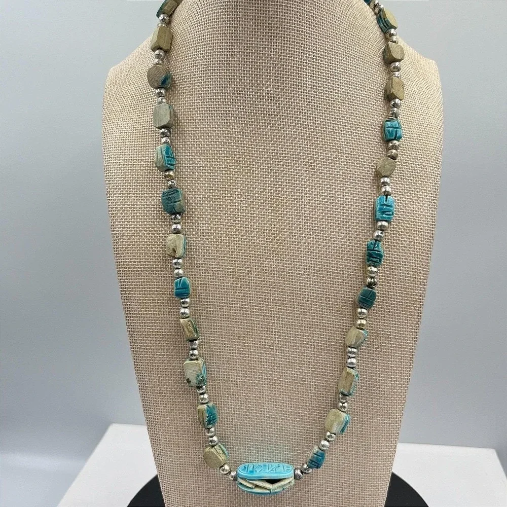 Vintage Egyptian Revival Scarab Beetle Beads Necklace & Filigree‎ Bracelet Set